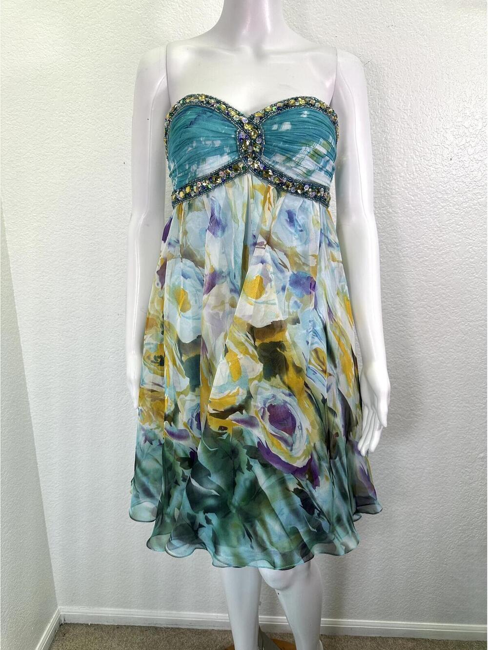 Sz 2 Tony Bowls Water Color Print Strapless Mini Dress Ruched Beaded Bodice